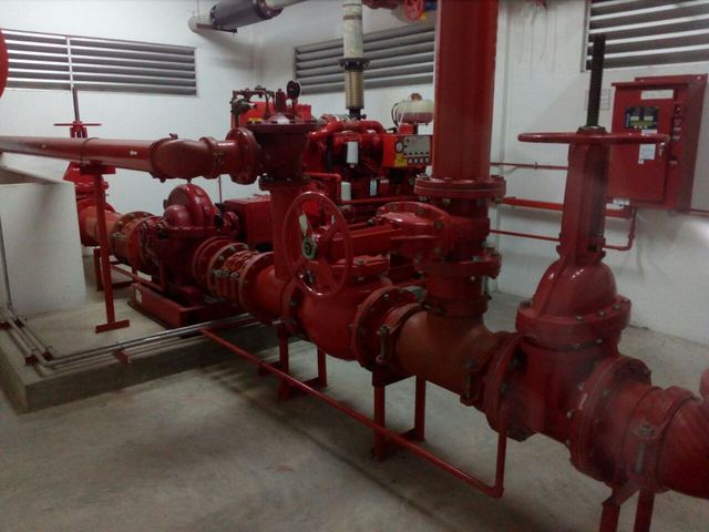 Fire pump room with valves and pipework
